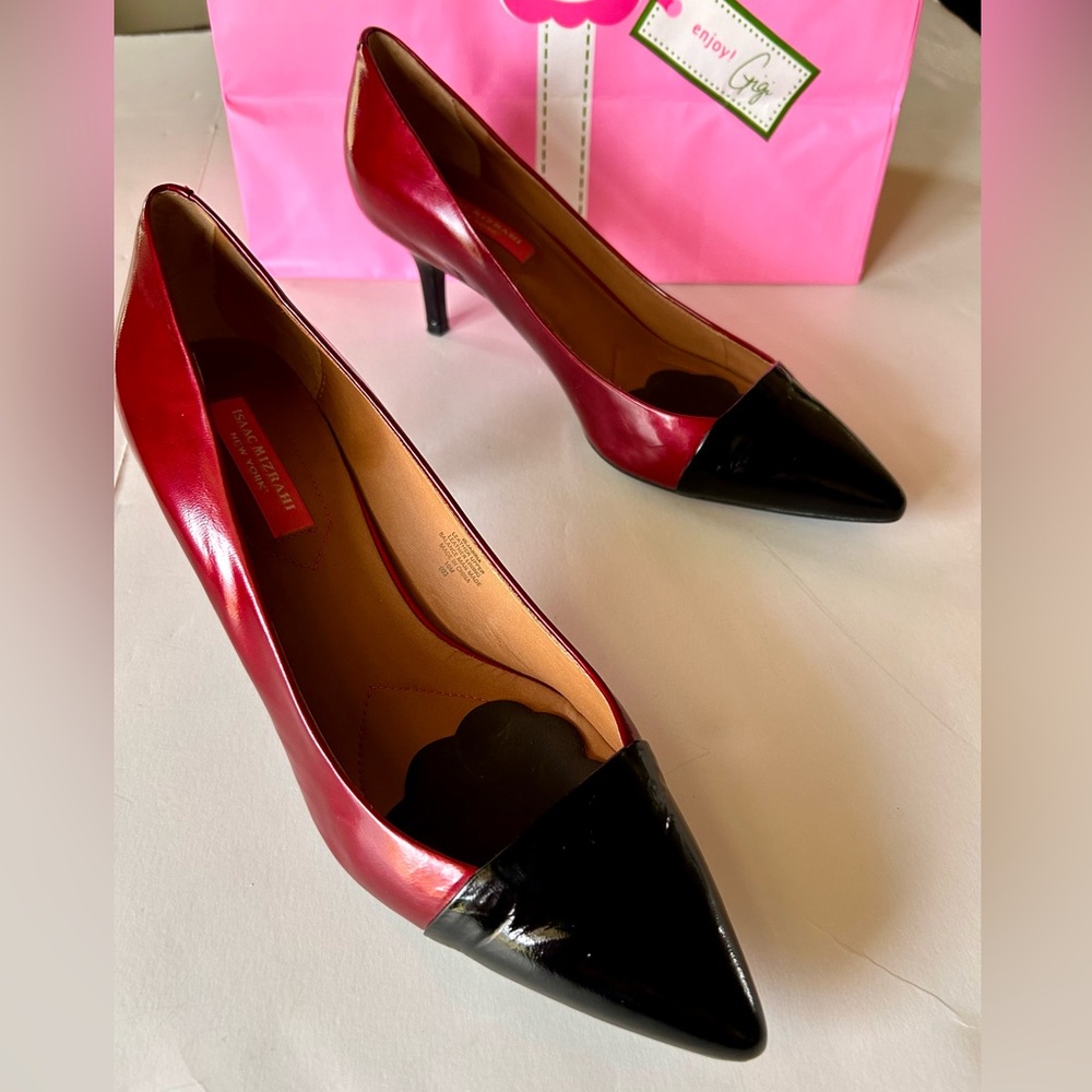 Isaac Mizrahi NY Shoes Womens Rich Burgundy, (Red) Black Leather Sexy High Heels